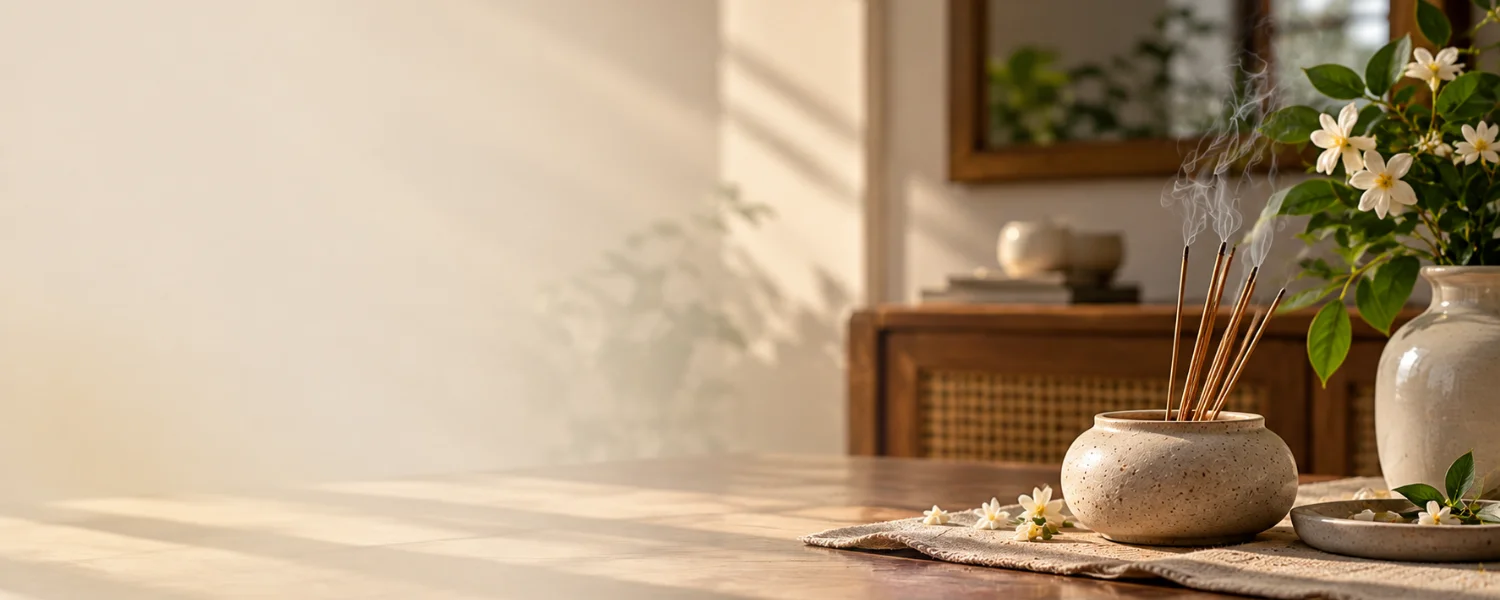 Incense sticks in a ceramic holder with jasmine flowers