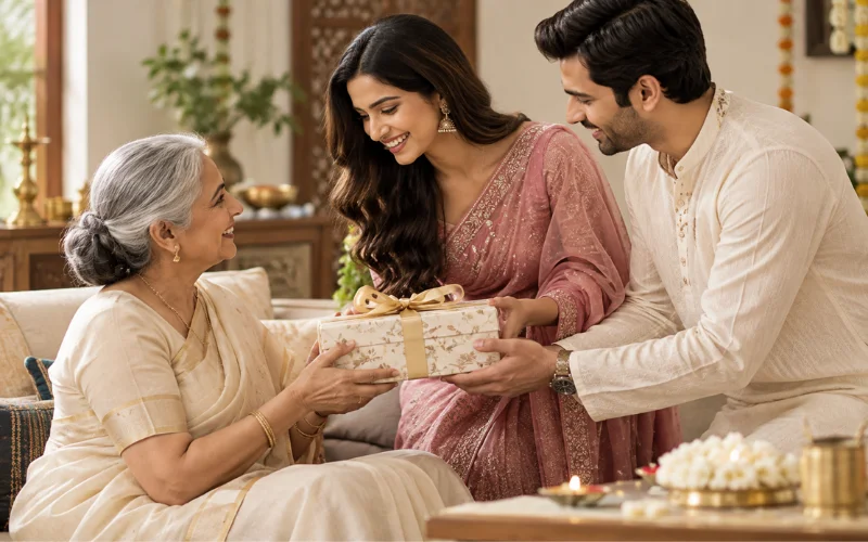 A family exchanging an Ujvan gift during Diwali