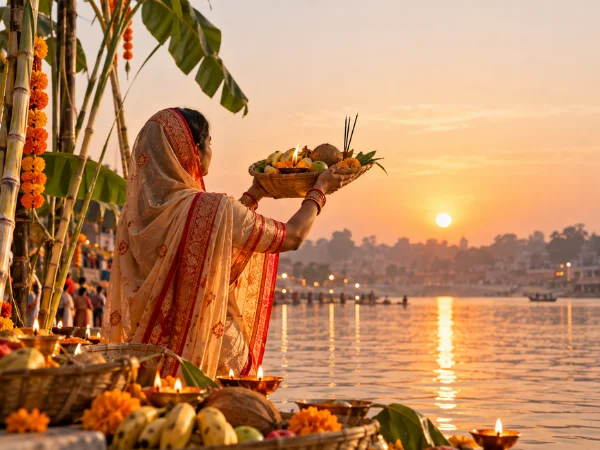 Chhath Puja at sunrise by the river