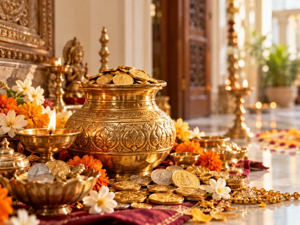 Dhanteras brass kalash and sweets