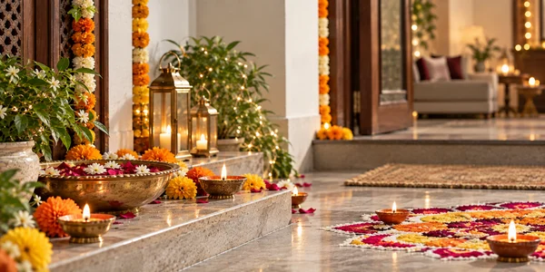 Diwali diyas with flowers