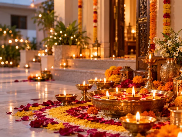 Diwali diyas on a rangoli